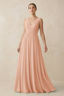 Deep V - Neck Pleated A - Line Chiffon Bridesmaid Dress in English Rose - SHE IS ME Bridesmaid Dresses
