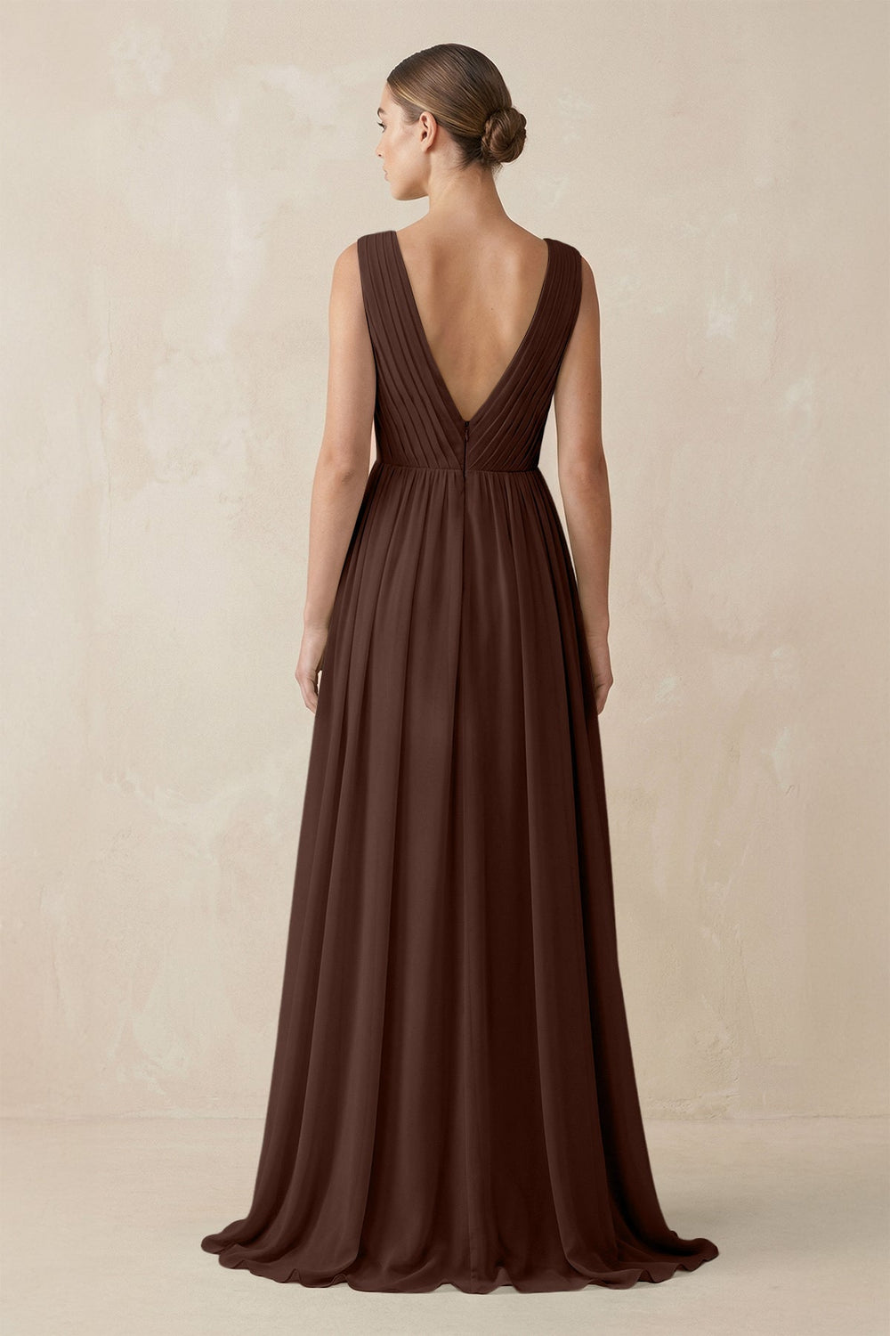 Deep V - Neck Pleated A - Line Chiffon Bridesmaid Dress in Espresso - SHE IS ME Bridesmaid Dresses
