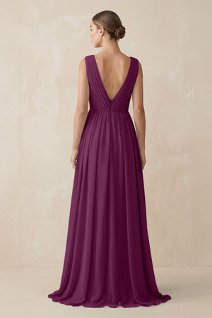 Deep V - Neck Pleated A - Line Chiffon Bridesmaid Dress in Fig - SHE IS ME Bridesmaid Dresses