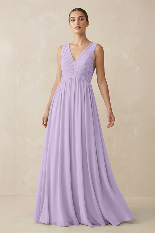 Deep V - Neck Pleated A - Line Chiffon Bridesmaid Dress in Lavender - SHE IS ME Bridesmaid Dresses