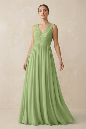 Deep V - Neck Pleated A - Line Chiffon Bridesmaid Dress in Matcha - SHE IS ME Bridesmaid Dresses