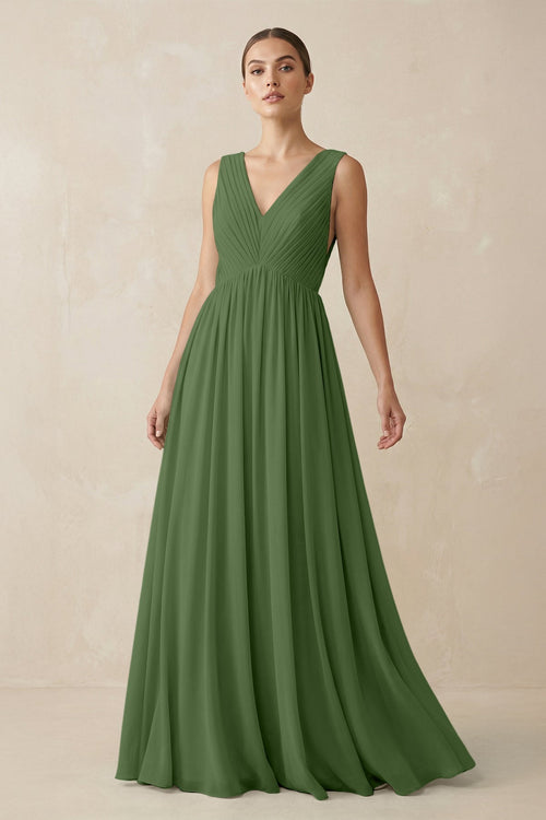 Deep V - Neck Pleated A - Line Chiffon Bridesmaid Dress in Moss - SHE IS ME Bridesmaid Dresses