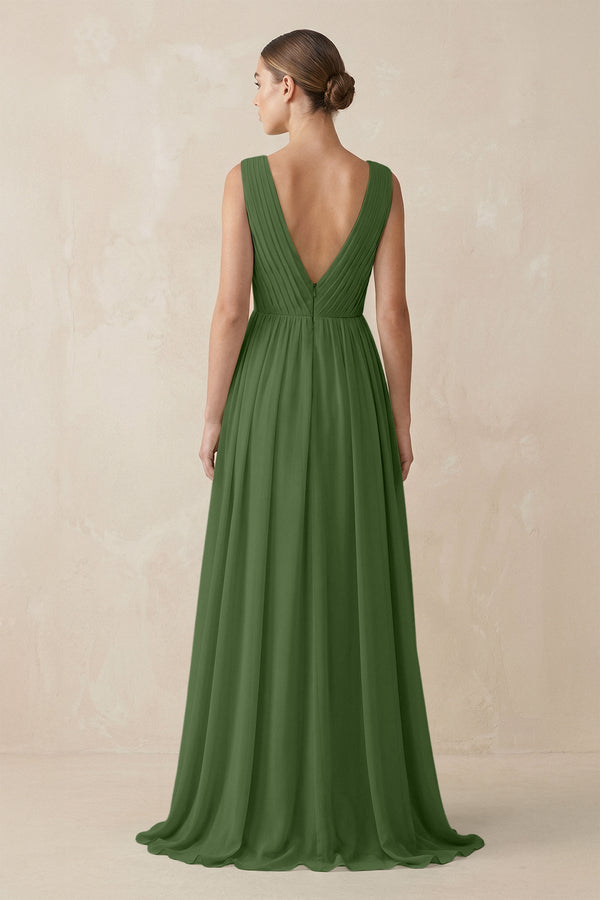 Deep V - Neck Pleated A - Line Chiffon Bridesmaid Dress in Moss - SHE IS ME Bridesmaid Dresses