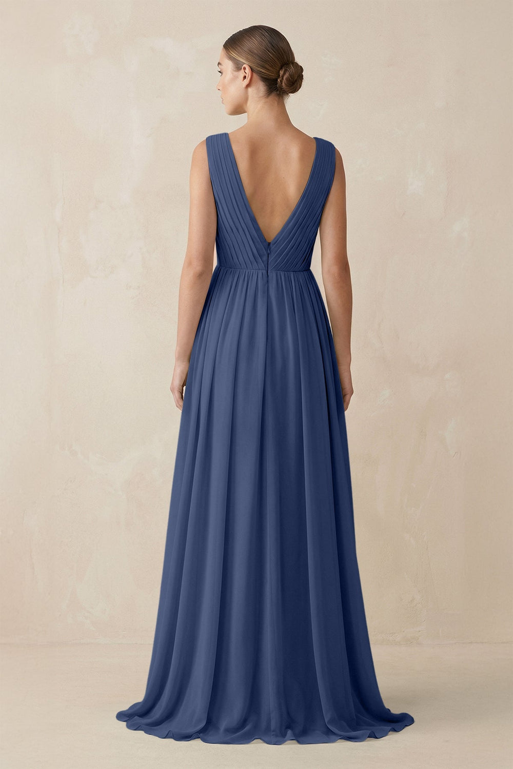 Deep V - Neck Pleated A - Line Chiffon Bridesmaid Dress in Navy - SHE IS ME Bridesmaid Dresses