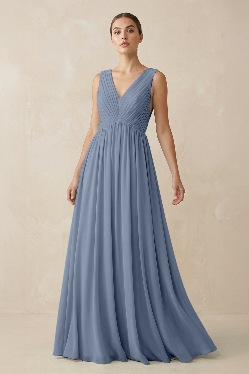 Deep V - Neck Pleated A - Line Chiffon Bridesmaid Dress in Neptune - SHE IS ME Bridesmaid Dresses