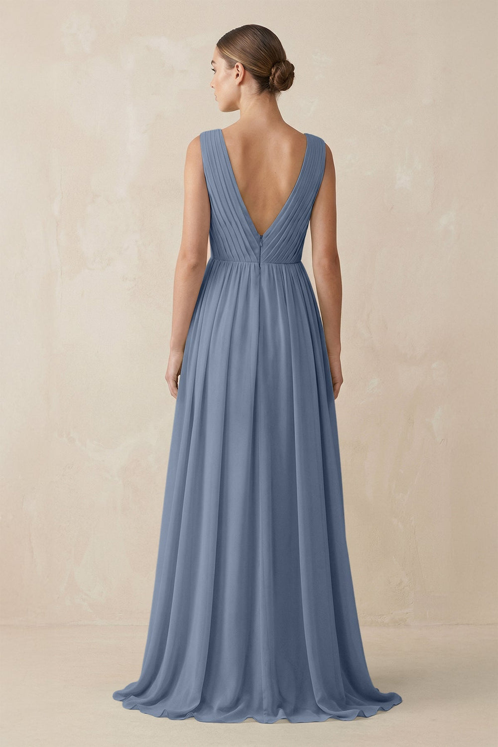 Deep V - Neck Pleated A - Line Chiffon Bridesmaid Dress in Neptune - SHE IS ME Bridesmaid Dresses