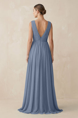 Deep V - Neck Pleated A - Line Chiffon Bridesmaid Dress in Neptune - SHE IS ME Bridesmaid Dresses