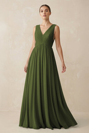 Deep V - Neck Pleated A - Line Chiffon Bridesmaid Dress in Olive - SHE IS ME Bridesmaid Dresses