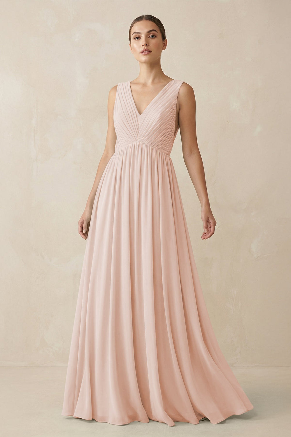 Deep V - Neck Pleated A - Line Chiffon Bridesmaid Dress in Pale Blush - SHE IS ME Bridesmaid Dresses