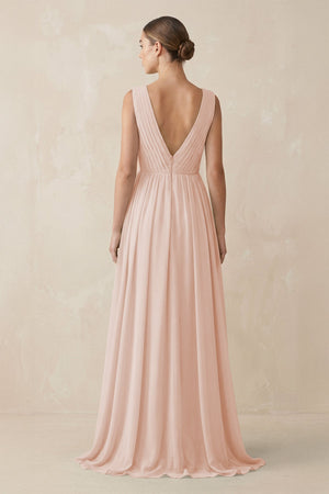 Deep V - Neck Pleated A - Line Chiffon Bridesmaid Dress in Pale Blush - SHE IS ME Bridesmaid Dresses