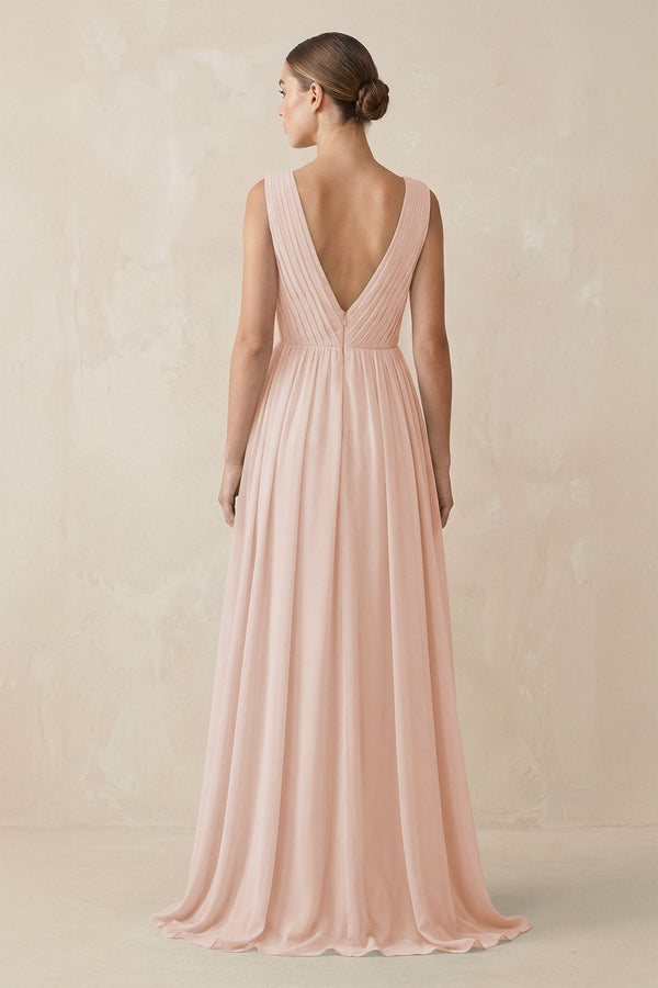 Deep V - Neck Pleated A - Line Chiffon Bridesmaid Dress in Pale Blush - SHE IS ME Bridesmaid Dresses