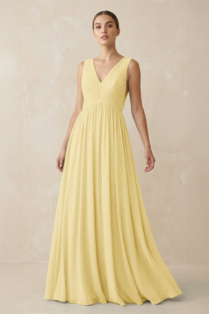 Deep V - Neck Pleated A - Line Chiffon Bridesmaid Dress in Pastel Yellow - SHE IS ME Bridesmaid Dresses