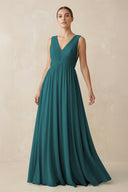 Deep V - Neck Pleated A - Line Chiffon Bridesmaid Dress in Pine - SHE IS ME Bridesmaid Dresses