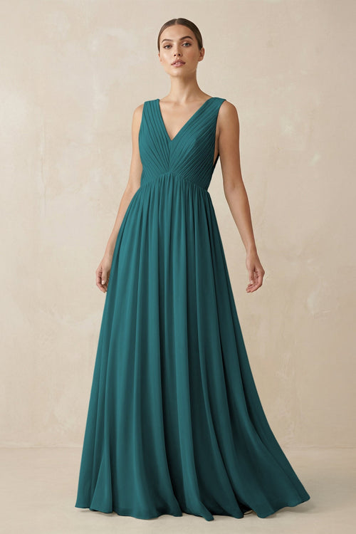 Deep V - Neck Pleated A - Line Chiffon Bridesmaid Dress in Pine - SHE IS ME Bridesmaid Dresses