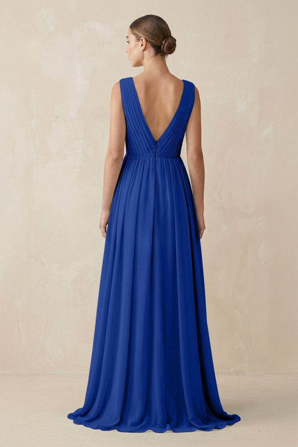 Deep V - Neck Pleated A - Line Chiffon Bridesmaid Dress in Royal Blue - SHE IS ME Bridesmaid Dresses