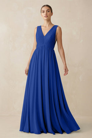 Deep V - Neck Pleated A - Line Chiffon Bridesmaid Dress in Royal Blue - SHE IS ME Bridesmaid Dresses