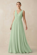 Deep V - Neck Pleated A - Line Chiffon Bridesmaid Dress in Sage - SHE IS ME Bridesmaid Dresses