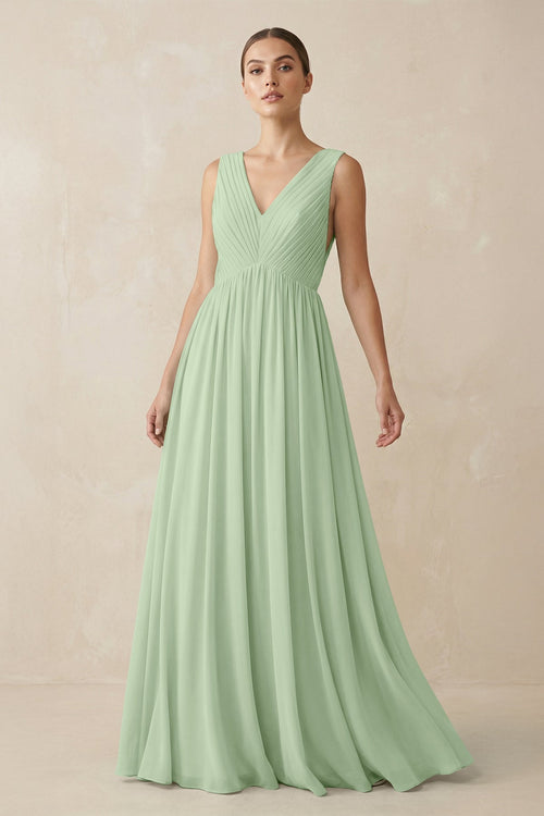 Deep V - Neck Pleated A - Line Chiffon Bridesmaid Dress in Sage - SHE IS ME Bridesmaid Dresses