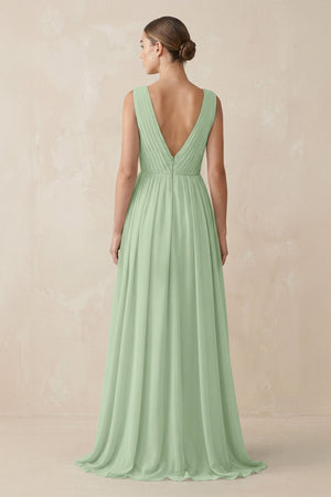 Deep V - Neck Pleated A - Line Chiffon Bridesmaid Dress in Sage - SHE IS ME Bridesmaid Dresses
