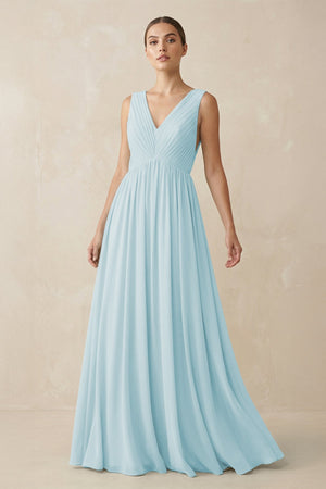 Deep V - Neck Pleated A - Line Chiffon Bridesmaid Dress in Sky Blue - SHE IS ME Bridesmaid Dresses