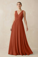 Deep V - Neck Pleated A - Line Chiffon Bridesmaid Dress in Spice - SHE IS ME Bridesmaid Dresses