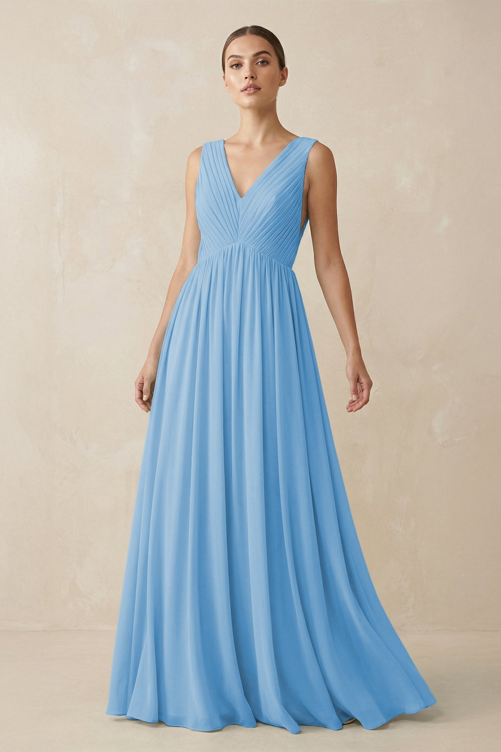 Deep V - Neck Pleated A - Line Chiffon Bridesmaid Dress in Steel Blue - SHE IS ME Bridesmaid Dresses