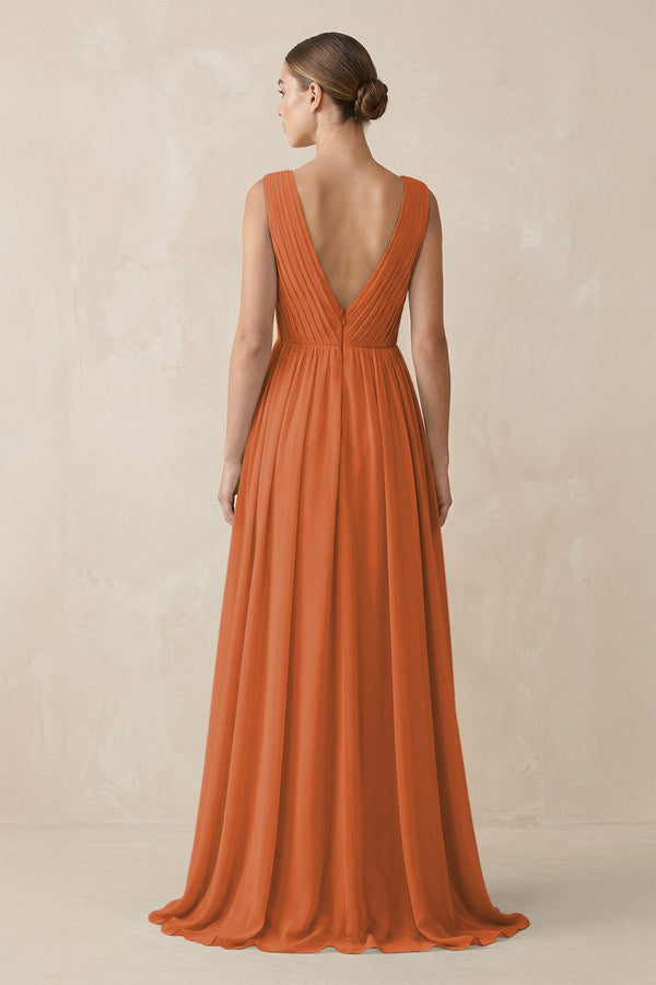 Deep V - Neck Pleated A - Line Chiffon Bridesmaid Dress in Terracotta - SHE IS ME Bridesmaid Dresses