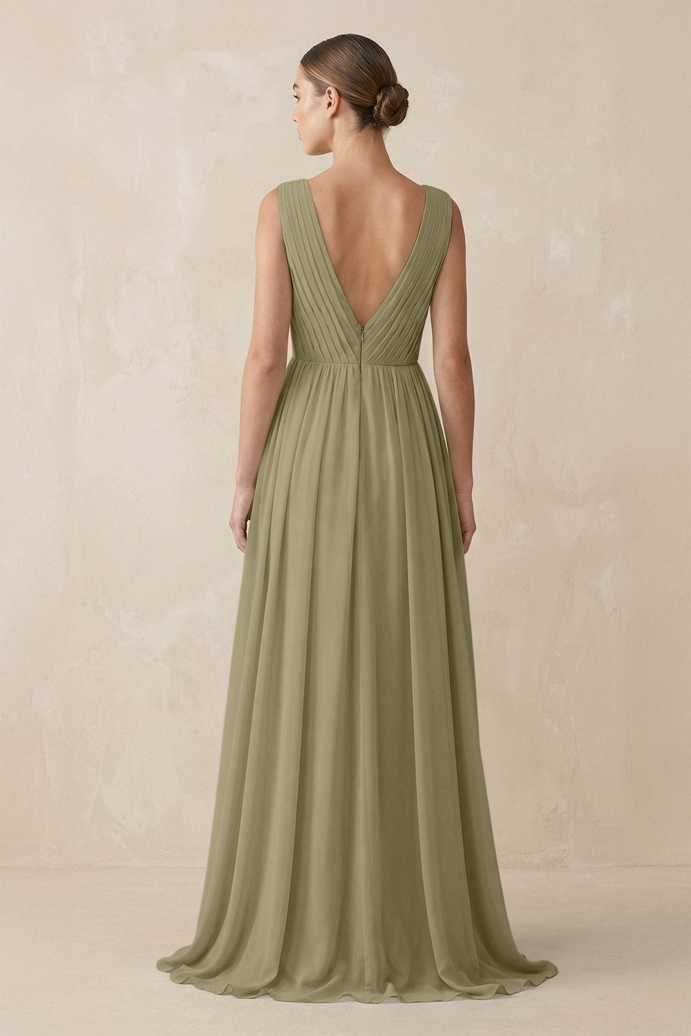 Deep V - Neck Pleated A - Line Chiffon Bridesmaid Dress in Thyme - SHE IS ME Bridesmaid Dresses