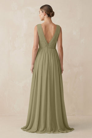 Deep V - Neck Pleated A - Line Chiffon Bridesmaid Dress in Thyme - SHE IS ME Bridesmaid Dresses