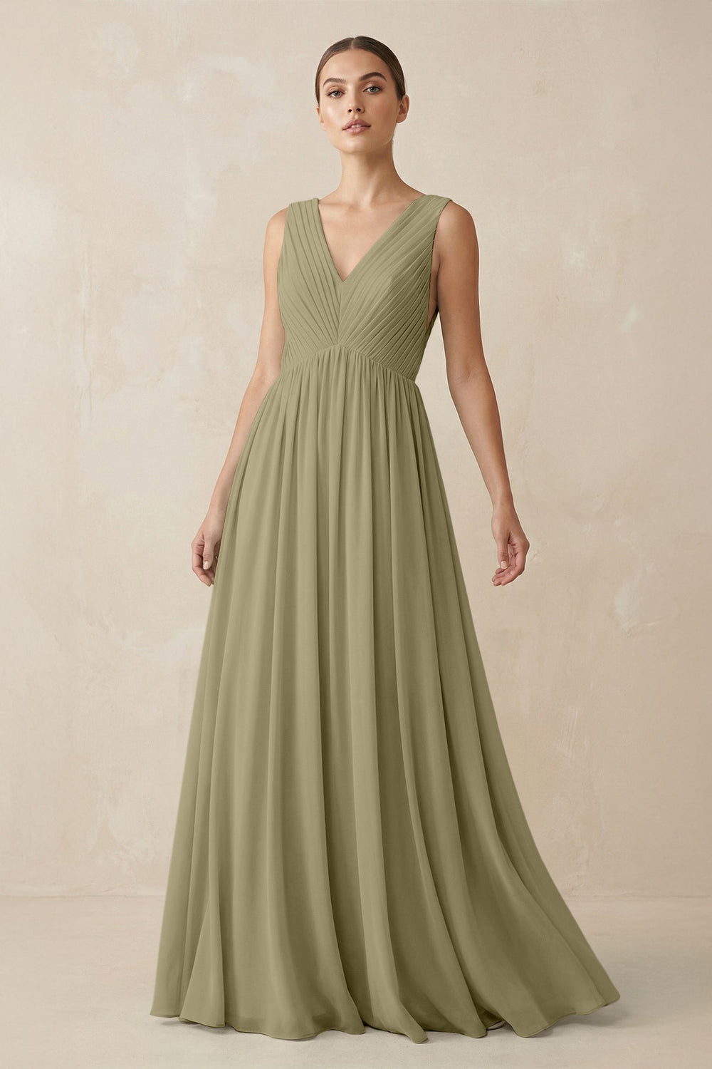 Deep V - Neck Pleated A - Line Chiffon Bridesmaid Dress in Thyme - SHE IS ME Bridesmaid Dresses