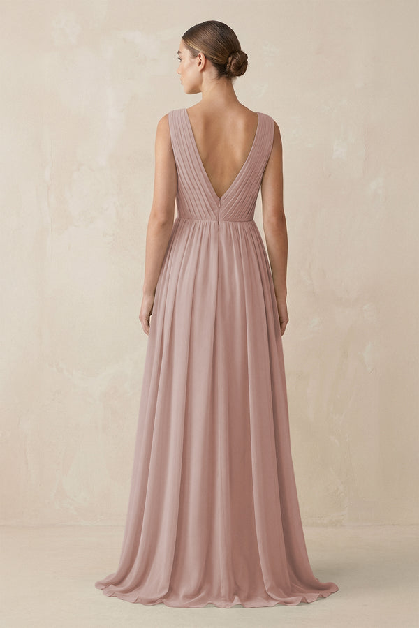 Deep V - Neck Pleated A - Line Chiffon Bridesmaid Dress in Toffee - SHE IS ME Bridesmaid Dresses