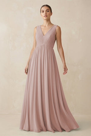 Deep V - Neck Pleated A - Line Chiffon Bridesmaid Dress in Toffee - SHE IS ME Bridesmaid Dresses