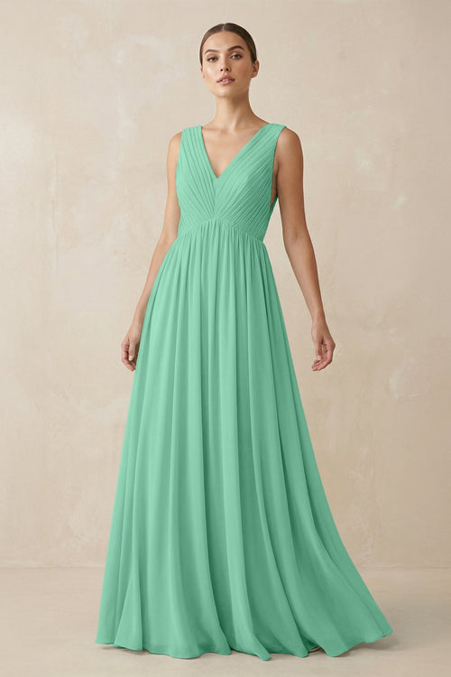 Deep V - Neck Pleated A - Line Chiffon Bridesmaid Dress in Turquoise - SHE IS ME Bridesmaid Dresses