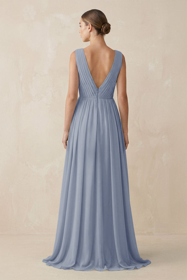 Deep V - Neck Pleated A - Line Chiffon Bridesmaid Dress in Twilight - SHE IS ME Bridesmaid Dresses