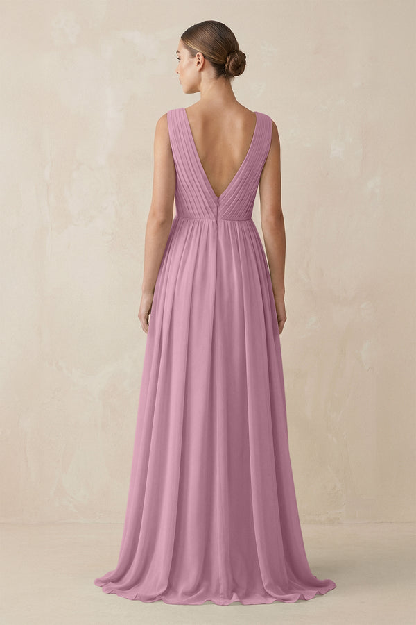 Deep V - Neck Pleated A - Line Chiffon Bridesmaid Dress in Vintage Mauve - SHE IS ME Bridesmaid Dresses