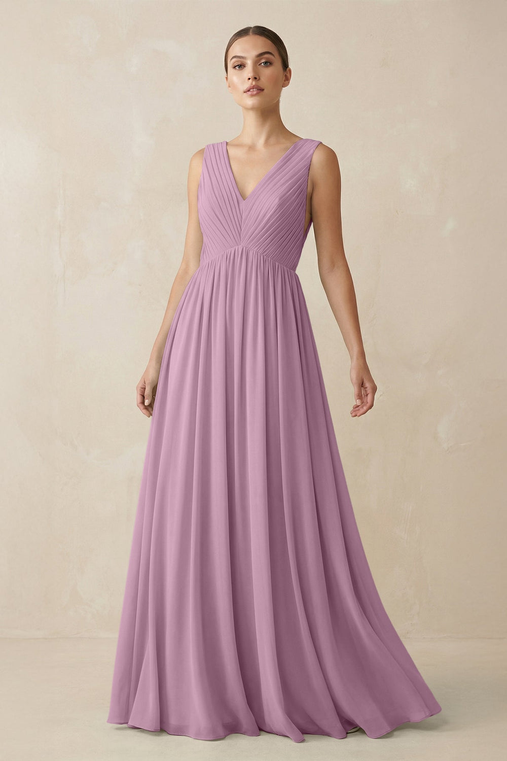 Deep V - Neck Pleated A - Line Chiffon Bridesmaid Dress in Wisteria - SHE IS ME Bridesmaid Dresses