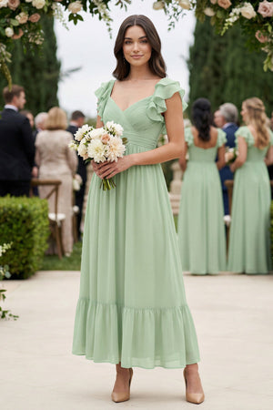 Flutter Sleeve Sweetheart A-Line Chiffon Bridesmaid Dress in Sage - SHE IS ME BRIDESMAID DRESSES