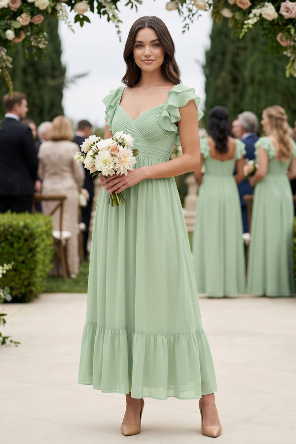 Flutter Sleeve Sweetheart A-Line Chiffon Bridesmaid Dress in Sage - SHE IS ME BRIDESMAID DRESSES