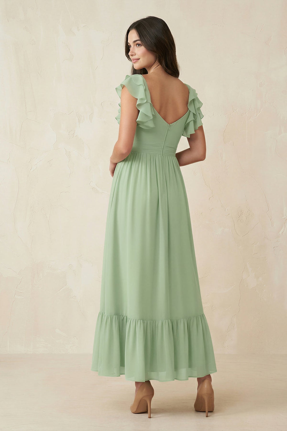 Flutter Sleeve Sweetheart A-Line Chiffon Bridesmaid Dress in Sage - SHE IS ME BRIDESMAID DRESSES