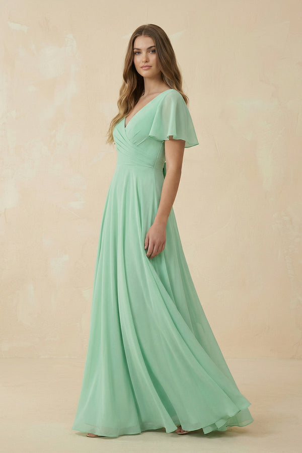 Flutter Sleeve V - Neck A - Line Chiffon Bridesmaid Dress - SHE IS ME Bridesmaid Dresses