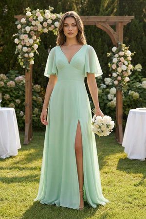 Flutter Sleeve V - Neck A - Line Chiffon Bridesmaid Dress - SHE IS ME Bridesmaid Dresses