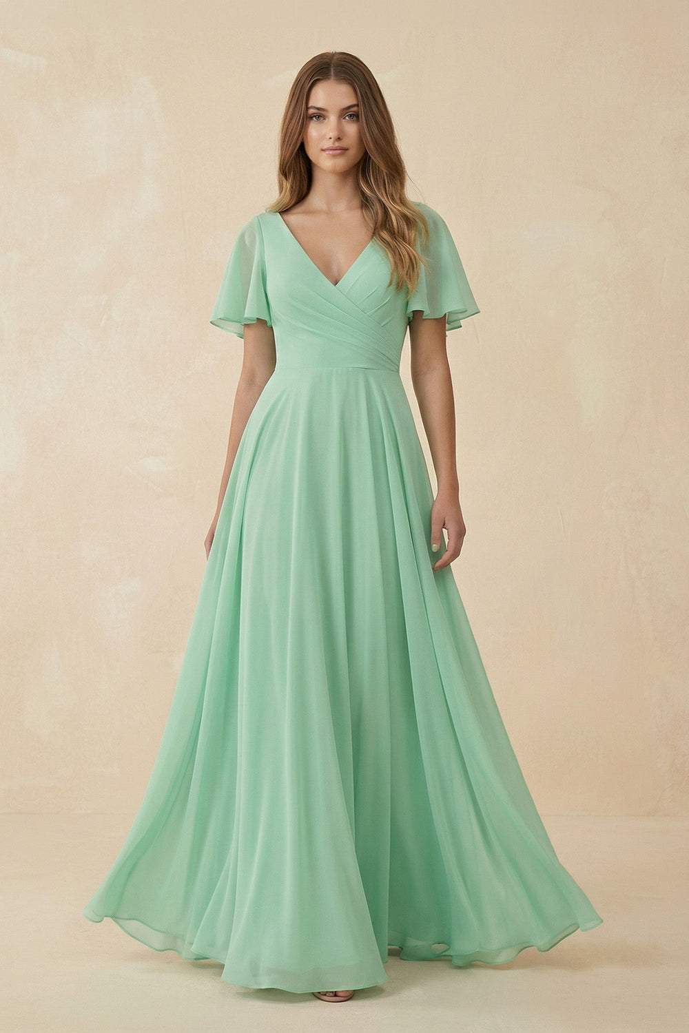 Flutter Sleeve V - Neck A - Line Chiffon Bridesmaid Dress - SHE IS ME Bridesmaid Dresses
