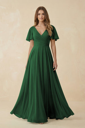 Flutter Sleeve V - Neck Chiffon A - Line Bridesmaid Dress in Dark Green - SHE IS ME Bridesmaid Dresses
