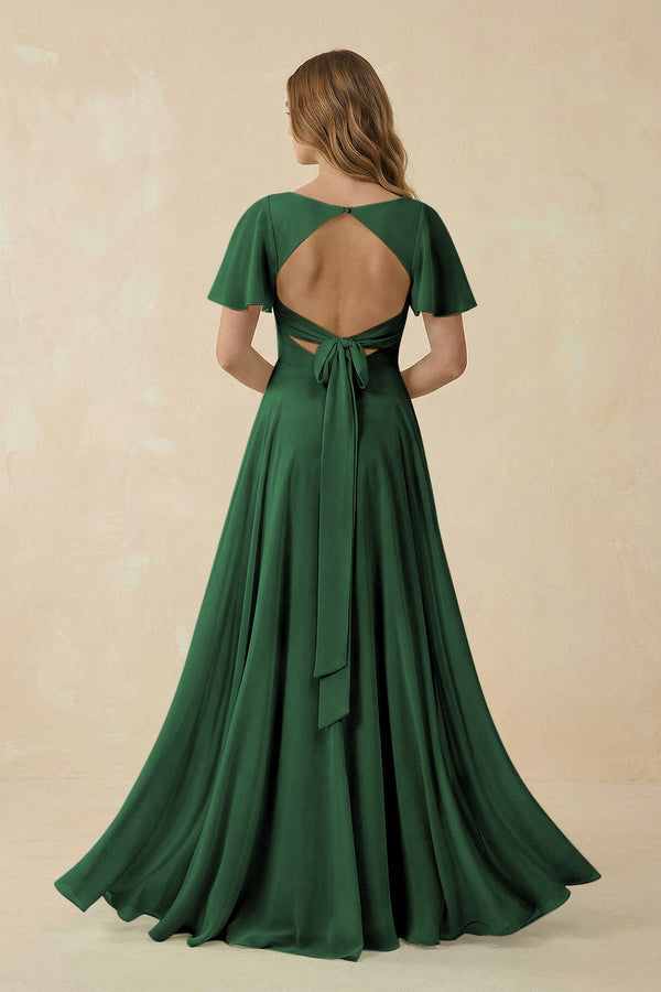 Flutter Sleeve V - Neck Chiffon A - Line Bridesmaid Dress in Dark Green - SHE IS ME Bridesmaid Dresses