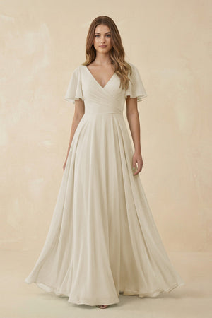 Flutter Sleeve V - Neck Chiffon A - Line Bridesmaid Dress in Dove Gray - SHE IS ME Bridesmaid Dresses