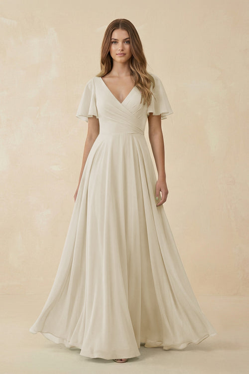 Flutter Sleeve V - Neck Chiffon A - Line Bridesmaid Dress in Dove Gray - SHE IS ME Bridesmaid Dresses
