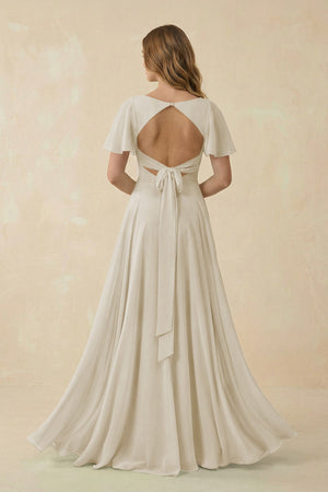 Flutter Sleeve V - Neck Chiffon A - Line Bridesmaid Dress in Dove Gray - SHE IS ME Bridesmaid Dresses