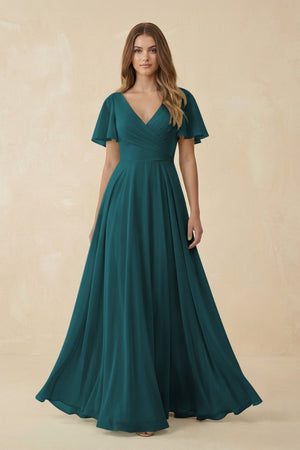 Flutter Sleeve V - Neck Chiffon A - Line Bridesmaid Dress in Pine - SHE IS ME Bridesmaid Dresses