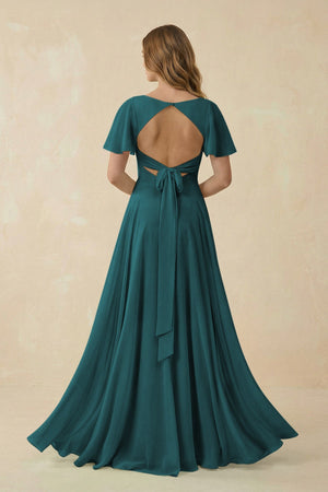Flutter Sleeve V - Neck Chiffon A - Line Bridesmaid Dress in Pine - SHE IS ME Bridesmaid Dresses