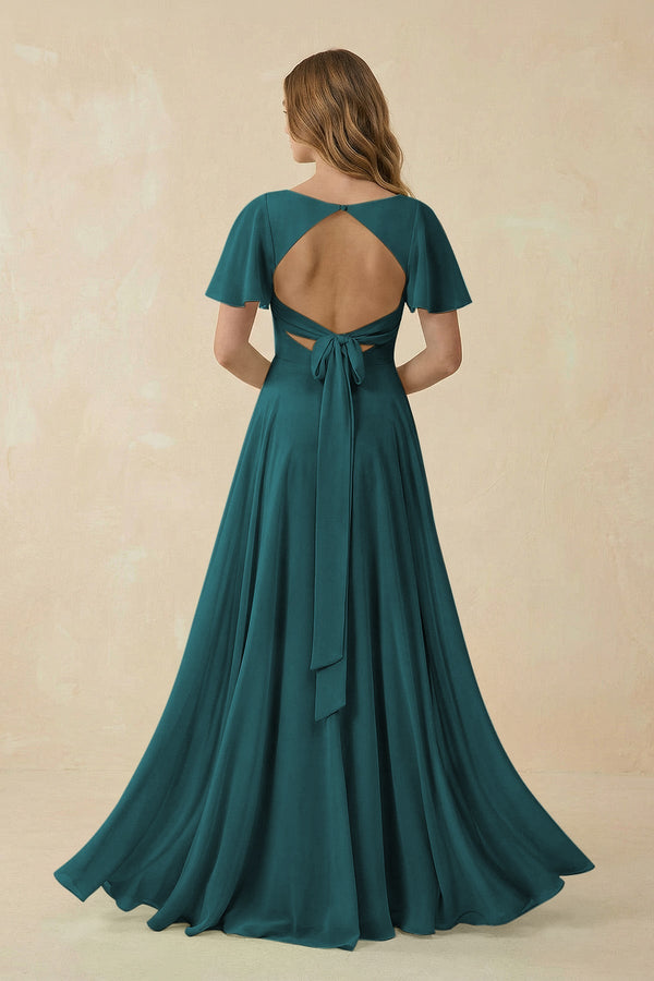 Flutter Sleeve V - Neck Chiffon A - Line Bridesmaid Dress in Pine - SHE IS ME Bridesmaid Dresses